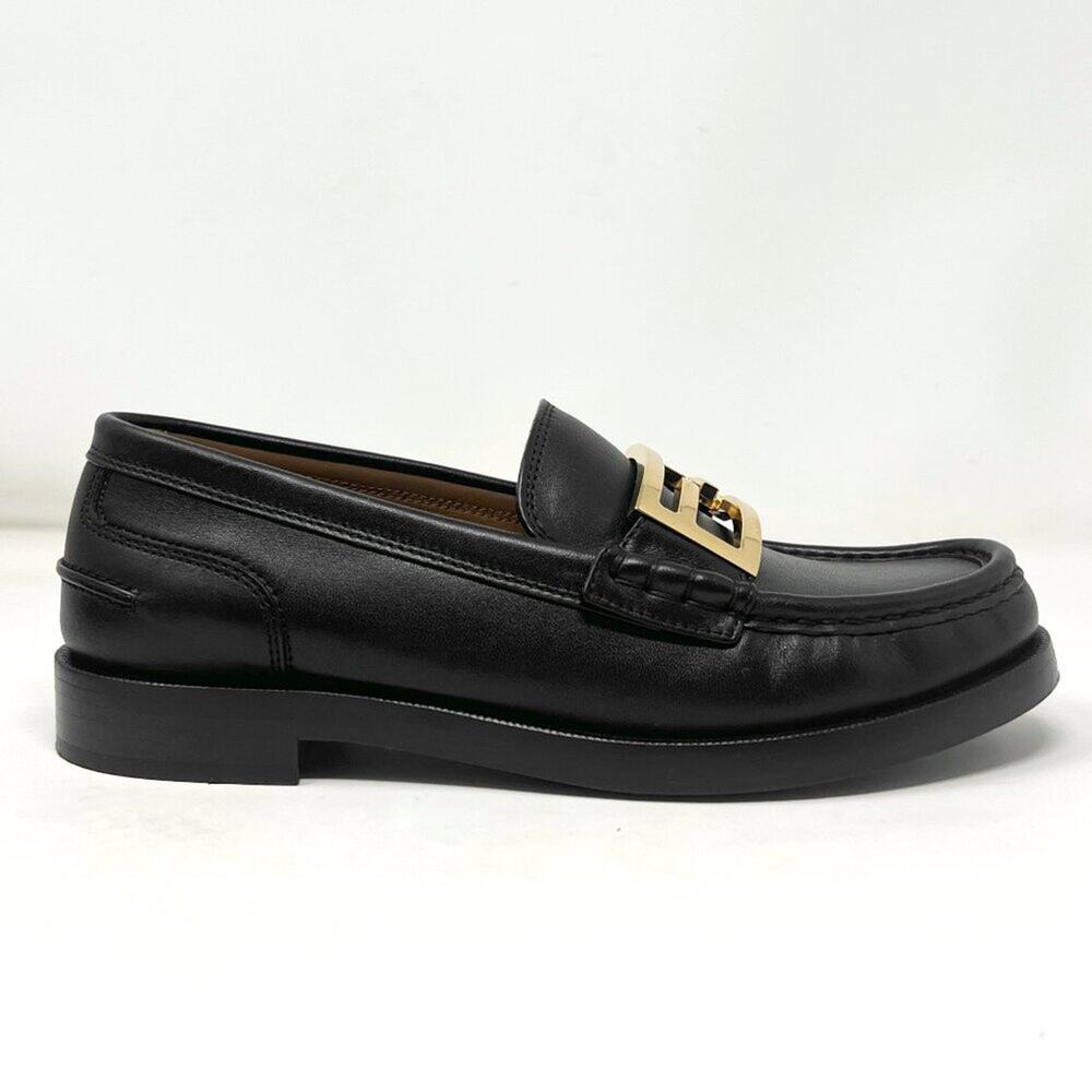 Fendi Black Leather Loafers FF Logo Gold Hardware Flats 39 - Picture 4 of 10